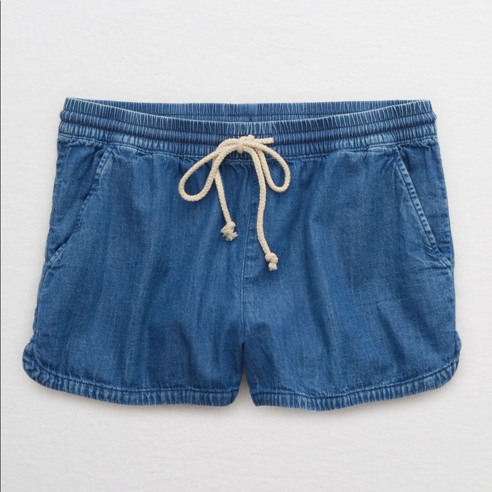 Aerie Blue and White Jean Shorts with Elastic Waistband